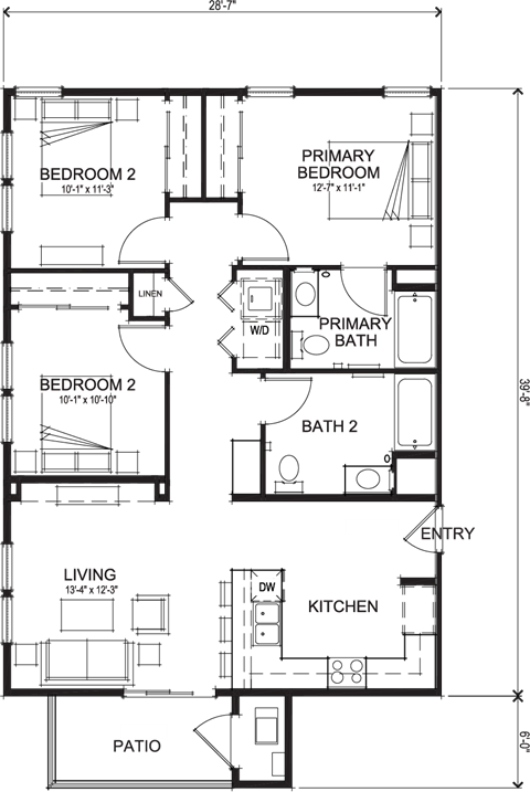 Floor plan for 3 beds, 2 baths, 1134 sqft